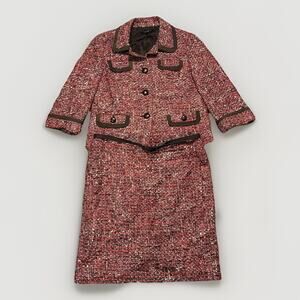 Talbots Skirt Suit Set Womens Size 6/8p Pink Red Brown Tweed Coquette Classic